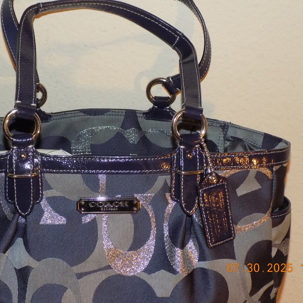 Coach Gallery Optic Signature Metallic Blue Silver Tote 19664 - Picture 2 of 8